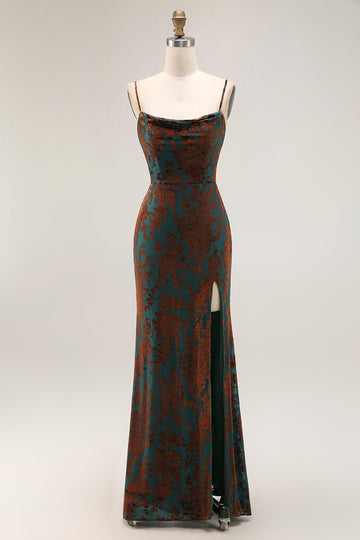 Dark Green Sheath Printed Long Bridesmaid Dress With Slit